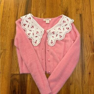 Pink Cardigan with Lace Collar